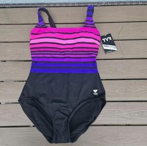 TYR Women'sOmbre Straight Neck Control Fit Pink/blac 1 Piece Swim Suit Sz 10 New